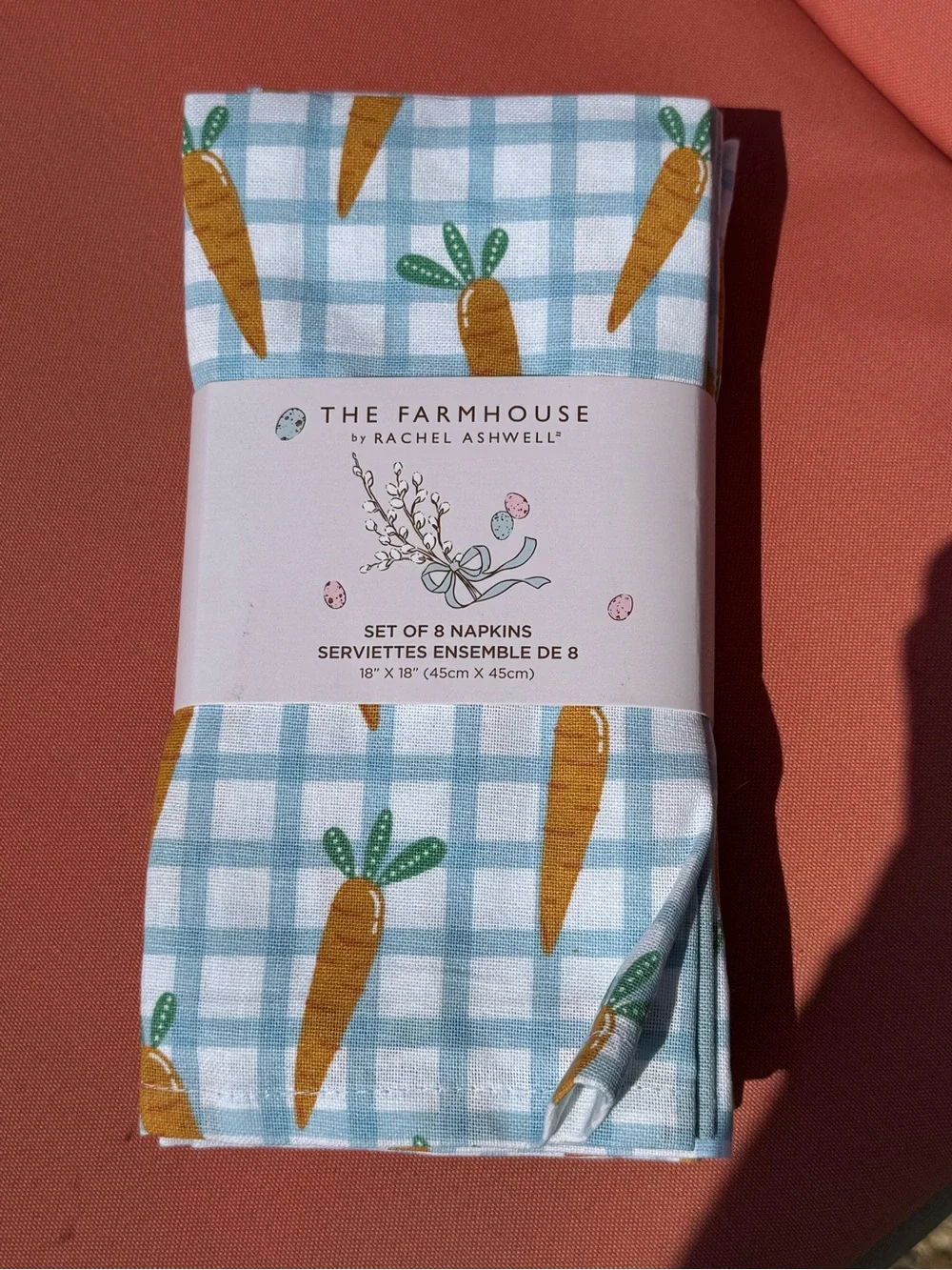Farmhouse Rachel Ashwell Blue Gingham Carrot Print Easter Spring 8 pc Napkins